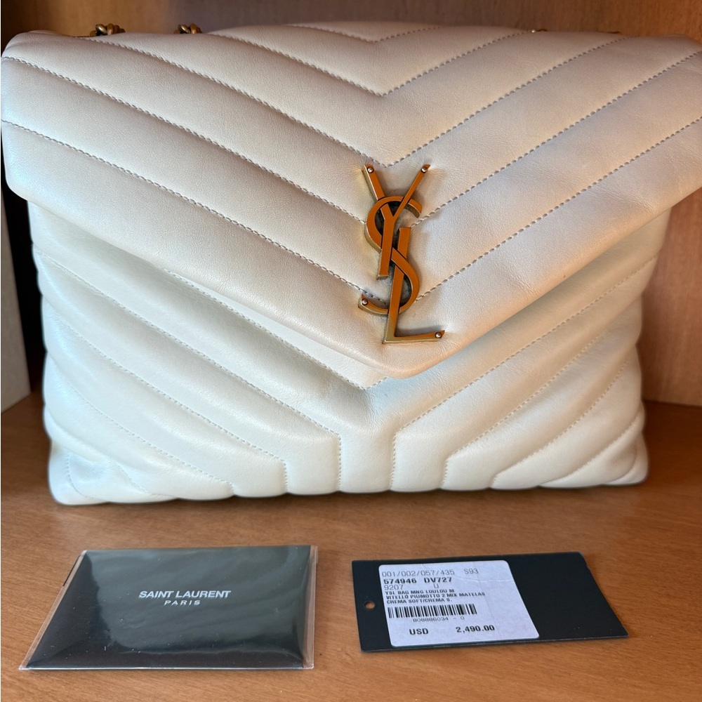 YSL Saint Laurent Loulou Medium Cream Puffer Quilted Leather Bag